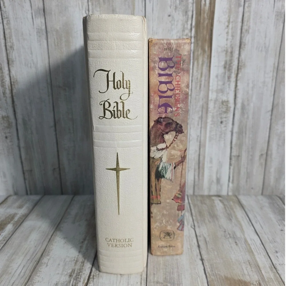 Vintage 1968 Catholic Holy Bible and Golden Press Childrens Bible Set 2 Books